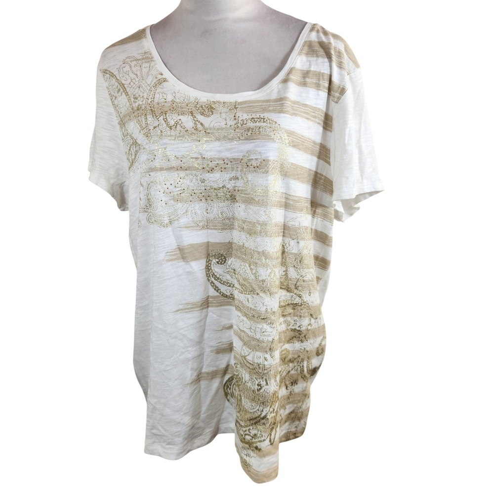 Chico's 3 XL Zenergy Paisley Stripe Tee Canella Tan Gold Metallic Top NWT NEW